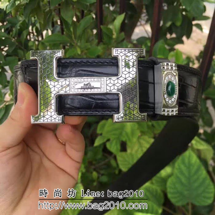 愛馬仕HERMES Hermes 純手工美洲鱷魚無拼接肚皮 高端男士皮帶 HHG1346